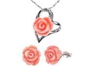 Red Coral Rose Heart Silver Pendant Necklace Stud Earrings Set 18