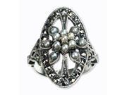 Oval Shield Silver Natural Seed Pearl Ring size 5