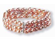Triple Strand Silver Bead Elastic Cultured Pearl Bracelet Pink