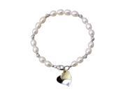 Silver Twist White Cultured Pearl Bracelet w. Double Heart Shaped Charm