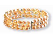 Triple Strand Silver Bead Elastic Cultured Pearl Bracelet Peach