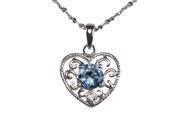 Aquamarine Cubic Zirconia 0.5 Filigree Heart Platinum Silver Necklace 18