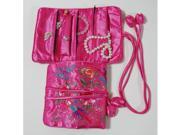 Silky Embroidered Brocade Jewelry Travel Organizer Roll Pouch Pink