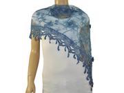 Rayon Polyester Embroidered Scroll Vine Lace Tassels Triangle Scarf Blue