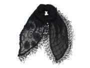 Cotton Polyester Half Embroidered Flowers Solid Lace Long Scarf Black