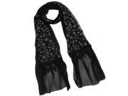 Shining Floret Flower Pattern Hand Embroidered Lace Tassels Long Scarf Black