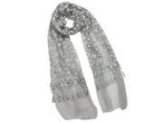 Shining Floret Flower Pattern Hand Embroidered Lace Tassels Long Scarf Gray