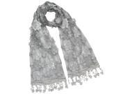 Hand Embroidered Rose Trillium Shining Sequins Lace Long Scarf Shawl Gray