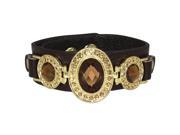 Triple Faceted Antique Style Gemstone PU Leather Fashion Snap Bracelet Brown