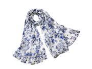 Blue White Floral Print Lightweight Sheer Long Silk Scarf Shawl