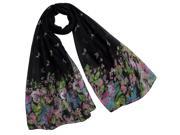 Butterfly Flower Garden Sheer Long Scarf Shawl Black