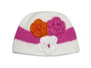 Cute White and Pink Triple Flower Hand Crochet Acrylic Baby Beanie Hat Three F