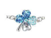 Four Leaf Clover Heart Shaped Swarovski Elements Crystal Rhodium Plated Chain Bracelet Aquamarine Blue