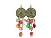 Gold Tone Spiral Disc Drop Earrings with Shimmering Electric Pink Beads 3 1 2 Inches Long