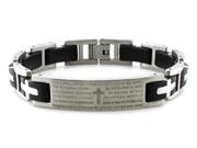 Stainless Steel Lord s Prayer ID Biker Bracelet w Black Rubber Links 8.5