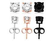 Sterling Silver 5mm Round Cubic Zirconia Gem Stud Earrings Set of 3 Pairs [Silver Rose Gold Plated Black]