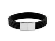 Tioneer EB32381 750 Stainless Steel Magnetic Clasp Racing Stripe Black Silicone Rubber Wristband Bracelet