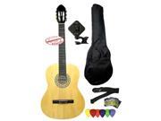 Fever Full Size Nylon Classical String Guitar Package Natural with Bag Set of Strings Chromatic Tuner Strap And Picks SL 039 NT PACK