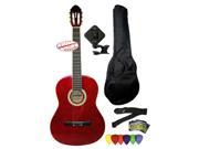 Fever Full Size Nylon Classical String Guitar Package Red with Bag Set of Strings Chromatic Tuner Strap And Picks SL 039 RD PACK