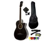 Fever 3 4 Size Acoustic Cutaway Guitar Package Black with Gig Bag Guitar Tuner Picks and Strap FV 030C BK PACK