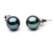 The Pearl Outlet Freshwater Black Pearl Earrings 8mm AAA Quality 14k White Gold Studs