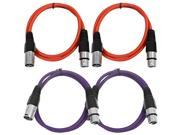SEISMIC AUDIO SAXLX 2 4 Pack of 2 XLR Male to XLR Female Patch Cables Balanced 2 Foot Patch Cord Red and Purple