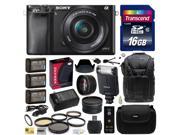 Sony Alpha a6000 24.3 MP Interchangeable Mirrorless Lens Camera with 16 50mm with Sony HVL F20M Flash 16GB Memory Card x3 NP FW50 Charger 2.2x .43x Le