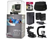 GoPro Hero 4 HERO4 Silver CHDHY 401 with 32GB Ultra Memory Large Padded Case Two Batteries Travel Charger Suction Cup Opteka X Grip Action Handle