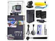 GoPro Hero 4 HERO4 Black CHDHX 401 with Floaty Bobber Selfie Stick Two Extra Batteries Travel Charger Tripod Adapter Cleaning Kit
