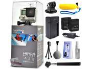 GoPro Hero 4 HERO4 Silver CHDHY 401 with Floaty Bobber Selfie Stick Two Extra Batteries Travel Charger Tripod Adapter Cleaning Kit