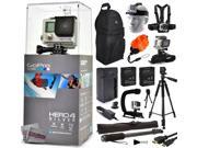 GoPro Hero 4 HERO4 Silver CHDHY 401 with Travel Charger 2 Extra Batteries 60? Tripod 67 Monopod Backpack Headstrap Chest Harness Mount Floaty S
