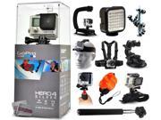 GoPro Hero 4 HERO4 Silver CHDHY 401 with Opteka X Grip LED Light Flexible Tripod Chest Harness Headstrap Car Suction Cup Handgrip Stabilizer Float