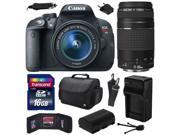 Canon EOS Rebel T5i (700D) Digital SLR with 18-55mm STM and EF 75-300mm f/4-5.6 III Lens includes 16GB Memory + Large Case + Extra Battery + Travel Charger + Me Canon EOS Rebel T5i (700D) Digital SLR with 18-55mm STM and EF 75-300mm f/4-5.6 III Lens includes 16GB Memory + Large Case + Extra Battery + Travel Charger + Me