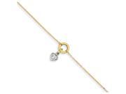 9 Inch 14k Gold Two tone Circle bright cut Puff Heart W 1in Ext Anklet
