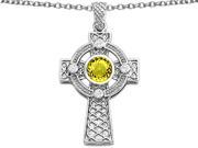 Star K Celtic Cross Pendant Necklace with 7mm Round Simulated Citrine in Sterling Silver