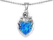 Star K Loving Mother Twin Children Pendant Necklace with Heart Shape 8mm Blue Created Opal in Sterling Silver