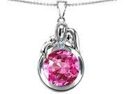 Star K Loving Mother and Father with Child Family Pendant Necklace with Round 10mm Created Pink Sapphire Sterling Silver