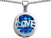 Star K Large Love Round Pendant Necklace with 15mm Round Simulated Blue Topaz in Sterling Silver