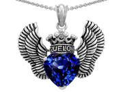 Star KTrue Love Heart Shape Created Sapphire Crown Wings Pendant Necklace in Sterling Silver