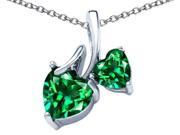 Star K 8mm and 6mm Heart Shape Simulated Emerald Double Hearts Pendant Necklace in Sterling Silver