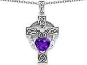 Star K Claddagh Cross Pendant Necklace with 7mm Heart Shape Simulated Amethyst in Sterling Silver