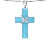Star K Large Christian Cross Pendant Necklace with Emerald Cut Simulated Turquoise Stones in Sterling Silver