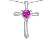 Star K Cross Love Pendant Necklace with 6mm Heart Shape Created Pink Sapphire in Sterling Silver