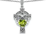 Star K Claddagh Cross Pendant Necklace with 7mm Heart Shape Simulated Peridot and Cubic Zirconia in Sterling Silver