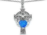 Star K Claddagh Cross Pendant Necklace with 7mm Heart Shape Blue Created Opal in Sterling Silver