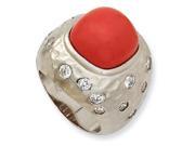 Cheryl M Sterling Silver Satin Simulated Red Coral and CZ Ring Size 7