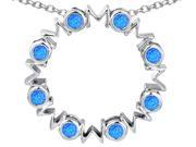 Star K Large MOM Circle Mothers Pendant Necklace with Round Blue Created Opal in Sterling Silver