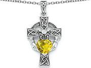 Star K Claddagh Cross Pendant Necklace with 7mm Heart Shape Simulated Citrine in Sterling Silver