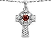 Star K Celtic Cross Pendant Necklace with 7mm Round Simulated Garnet in Sterling Silver