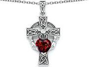 Star K Claddagh Cross Pendant Necklace with 7mm Heart Shape Simulated Garnet in Sterling Silver